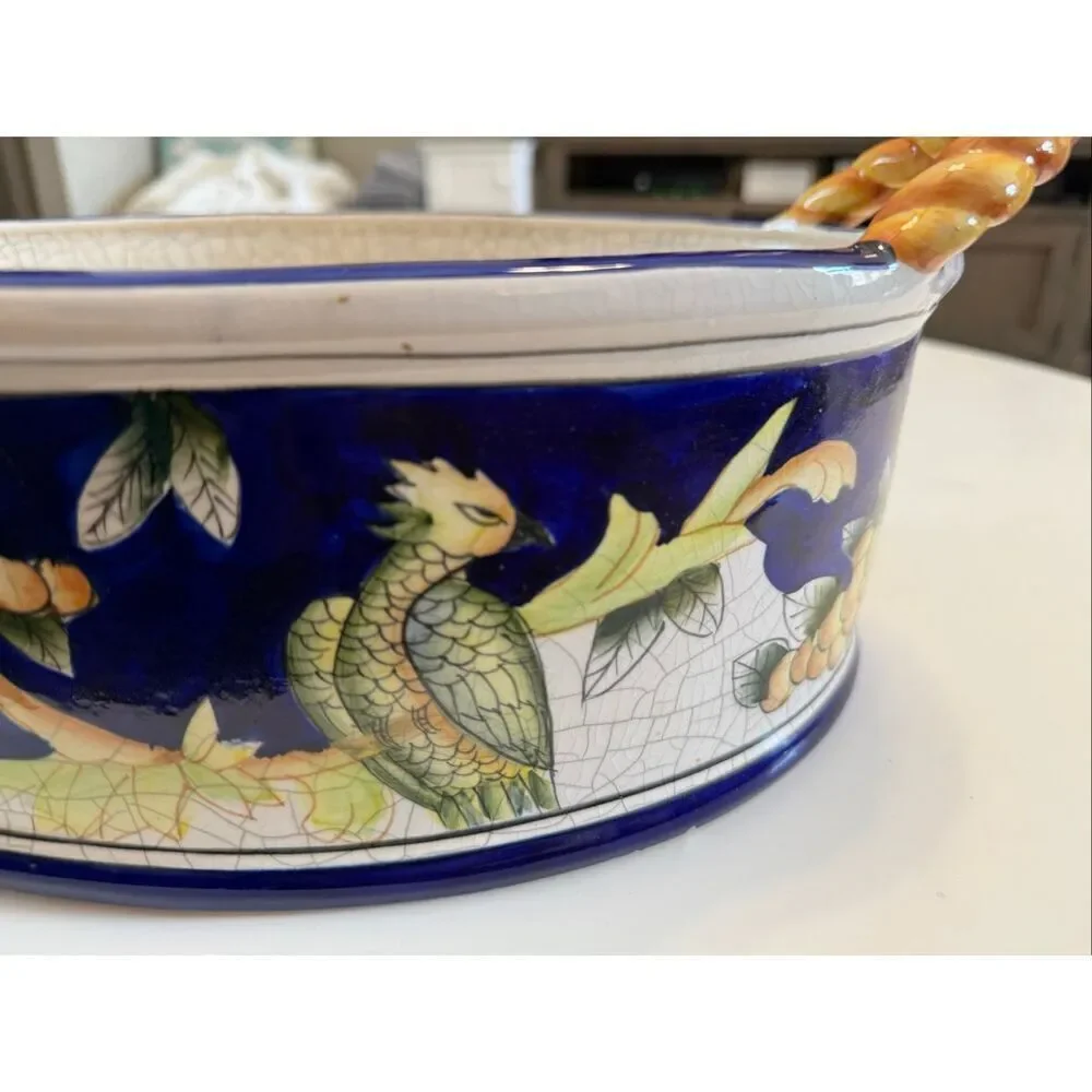 Exoticals Fitz & Floyd Veneto Large Tub Decorative Oval Basin Crackled Parrots